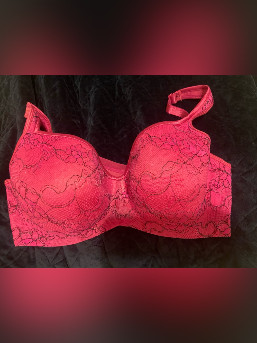 Cacique Red Bra with Black Floral Lace Overlay